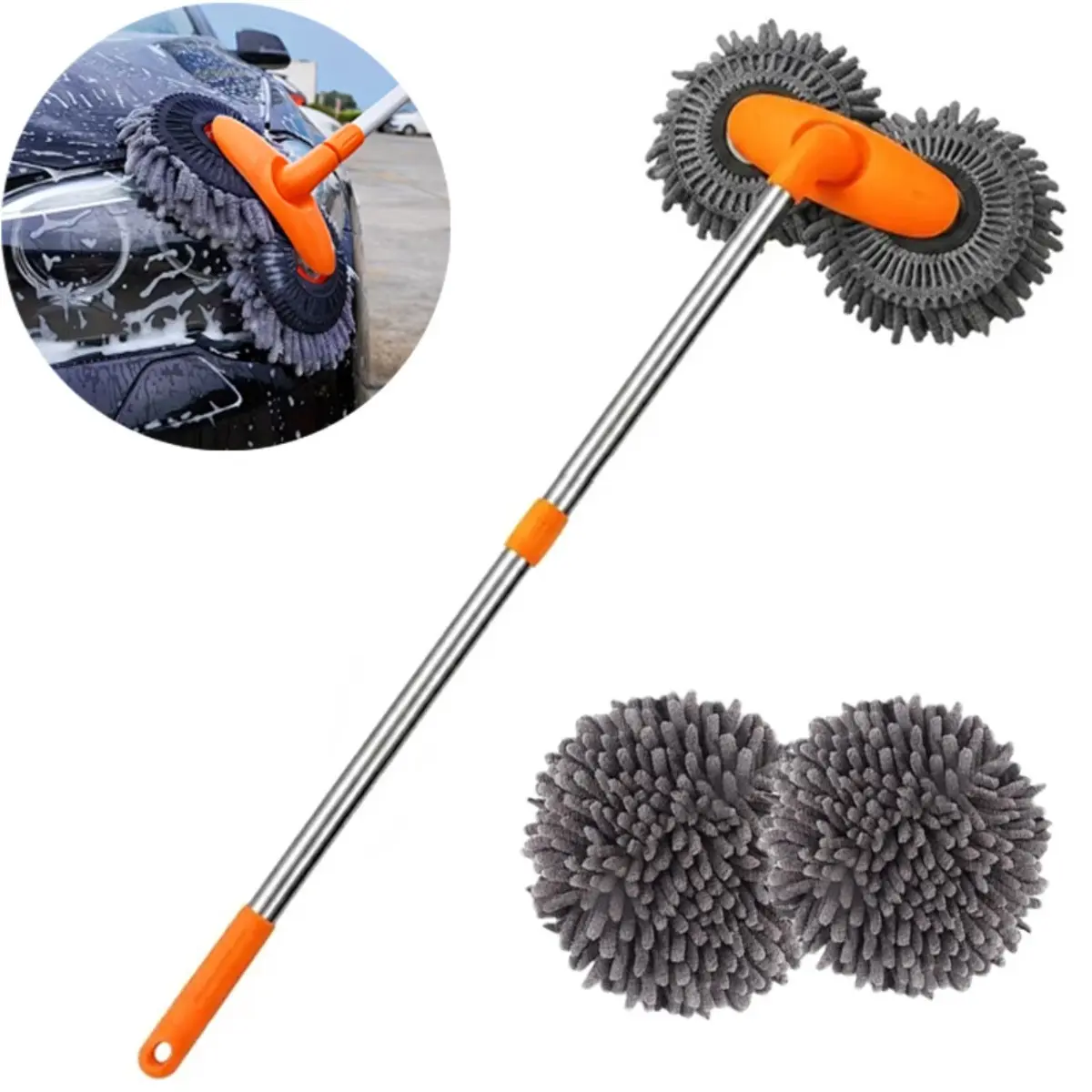 Car Wash Brush Dual Head Long Handle Extendable Chenille Soft Rotating Car Cleaning Mop Auto Detailing Wash Tool