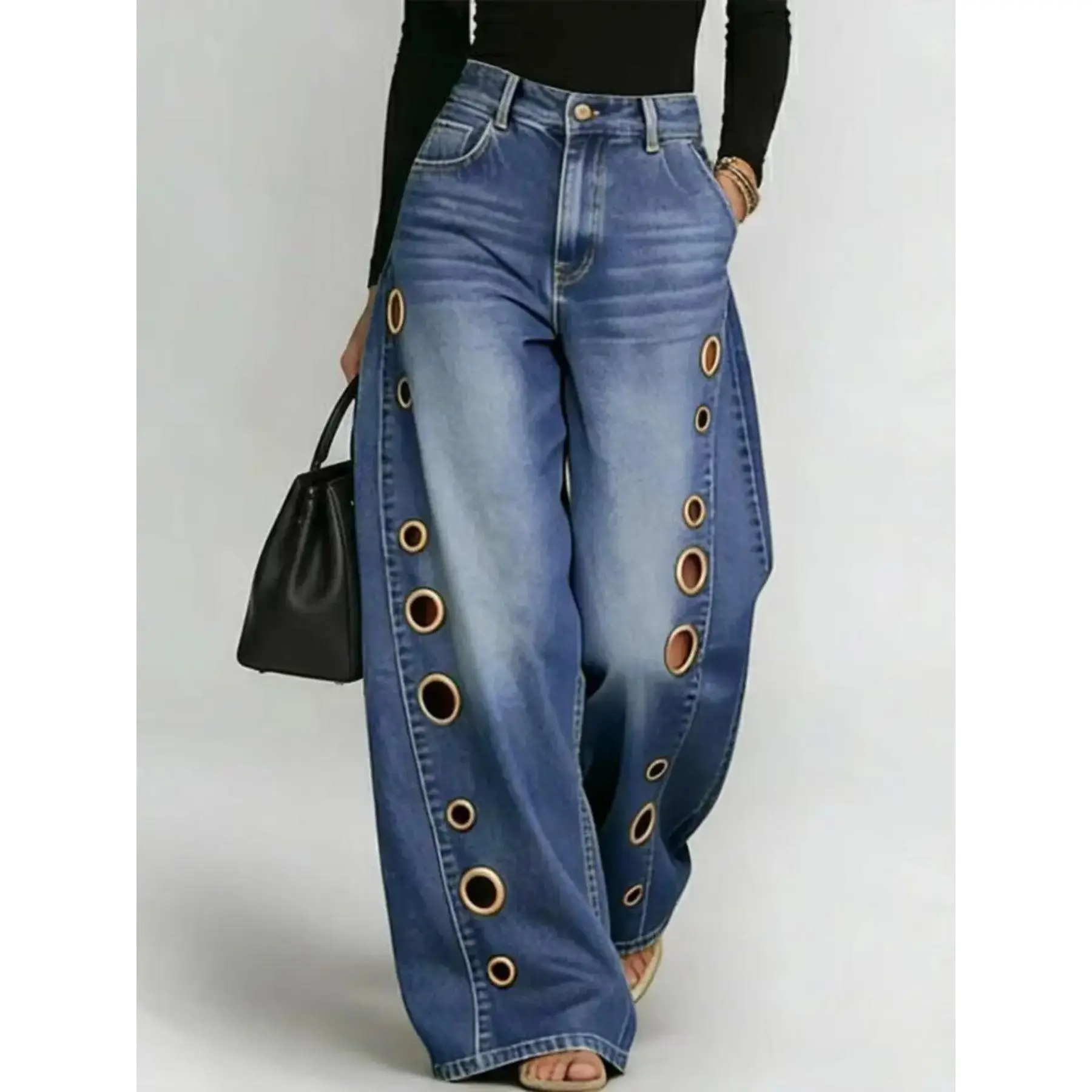 D8773 2026 Spring/Summer Women's Solid-Color Loose Jeans with Asymmetrical Metal Eyelet Detail