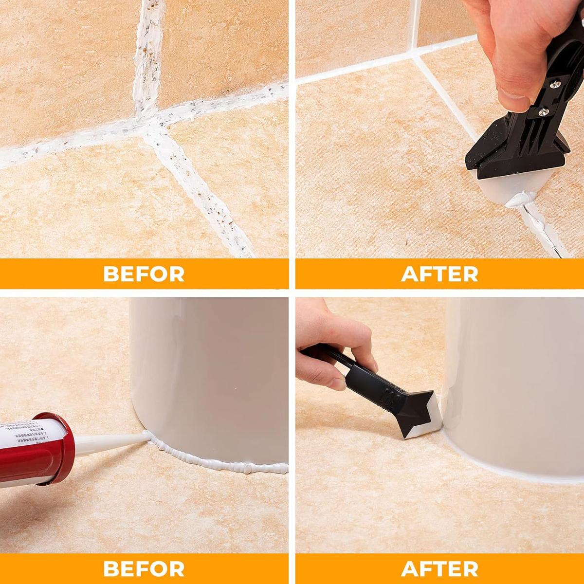 Silicone Caulking Tools - 3 in 1 Sealant Finishing Tool Grout Remove Scraper, Caulk Remover Glass Glue Angle Scraper for Bathroom, Kitchen, Floor, Window, Sink Joint