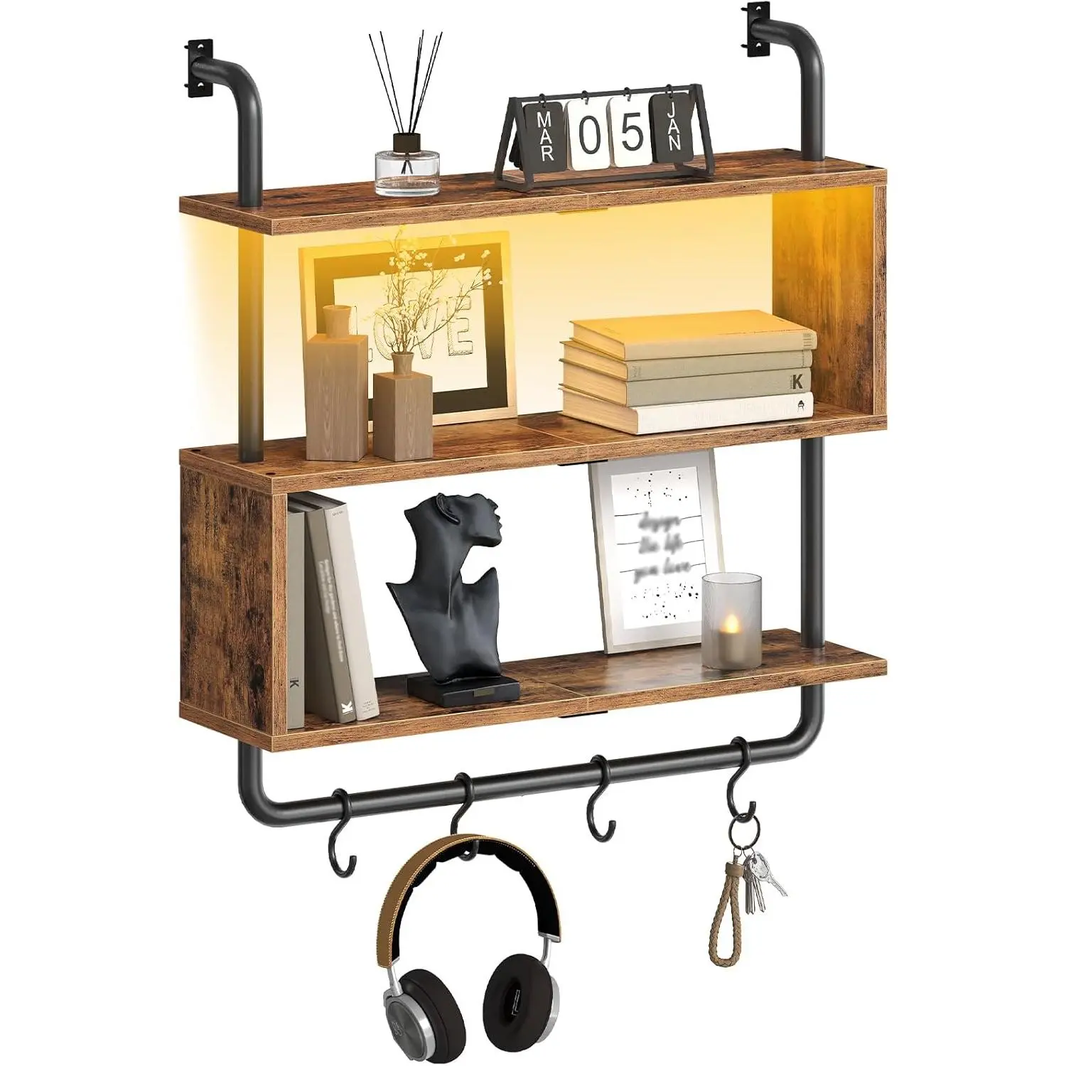 Floating Shelves with LED Lights, 29.5" LED Wall Mounted Gaming Shelf, 3-Tier Pipe Display Rack with  Rod and 4 S-Hooks, for Storage Livingroom, Bedroom, Rustic Brown and Black BF21DBJ01