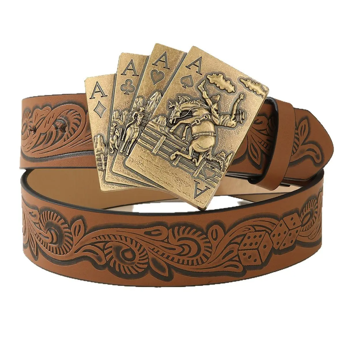 Western Poker Belt with Engraved Ace Cards Buckle & Tooled Floral Pattern