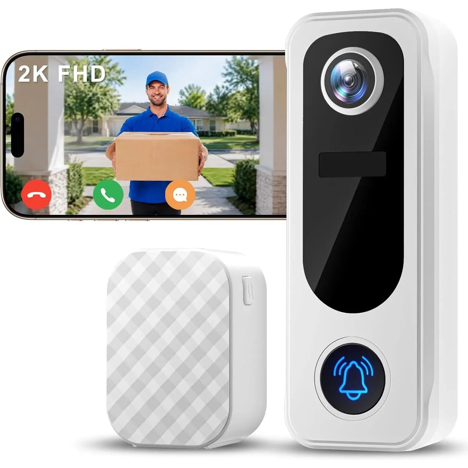 Doorbell Camera No Subscription,   | with Door Chime, No Subscription Fee, 2.4GHz WiFi, 2 Way Audio, 30s Voice Message, AI Detection, Anti-, Alexa