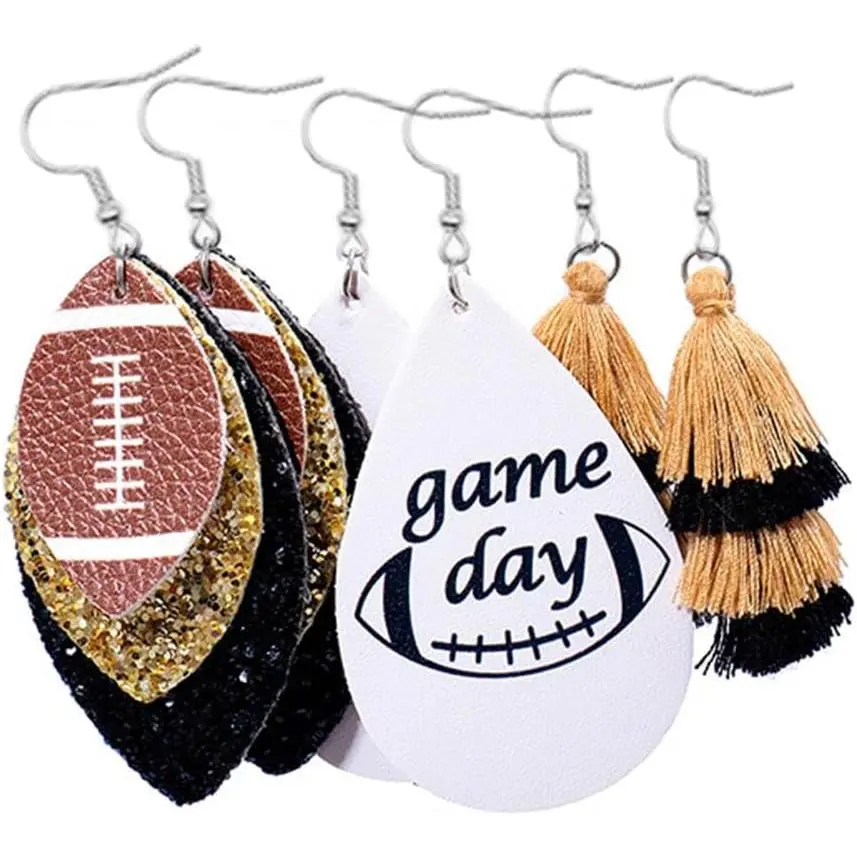 3 Pairs Football Leather Earrings Layered Glitter Dangle Earrings Tassel Dangle Earrings Set  Day  Lover  Gifts