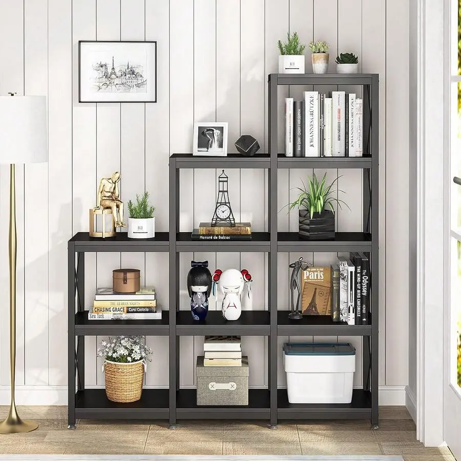 12 Shelves Bookshelf, Industrial Ladder Corner Bookshelf 9 Cubes Stepped Etagere Bookcase, Rustic 5-Tier Display Shelf Storage Organizer Home Office (Rustic Brown)