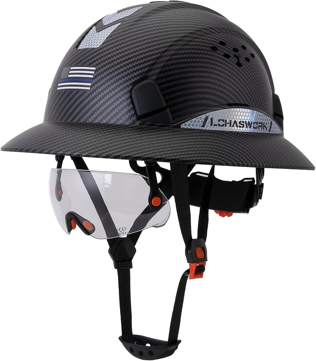 Full Brim Hard Hat ABS Safety Helmet with 6 Point Adjustable Ratchet Suspension Vented Industrial Work Hardhat with Visor Reflective Stickers