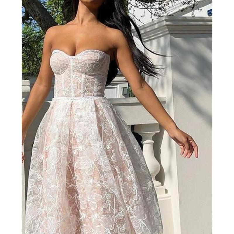 Evening Dress, Women's Dress, Slim Fit Strapless Dress, Sexy Embroidered Lace Dress. Elegant White Embroidery Formal Wear