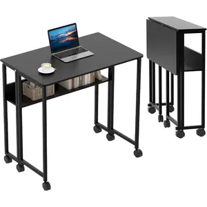 Folding Computer Desk with Storage Shelf – Mobile Rolling Table on Wheels, Collapsible Writing Desk for Home Office, Bedroom, and Study, Oak & White Finish, Easy Assembly, 24.8" Wide