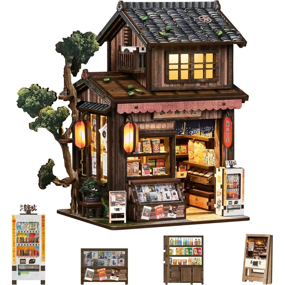 Book Nook Kit for Adults, Spring General Store DIY Miniature House Kit, Japanese Machiya Tiny House with Lanterns, 3D Puzzles for Adults, Showa Retro Bookshelf Decor