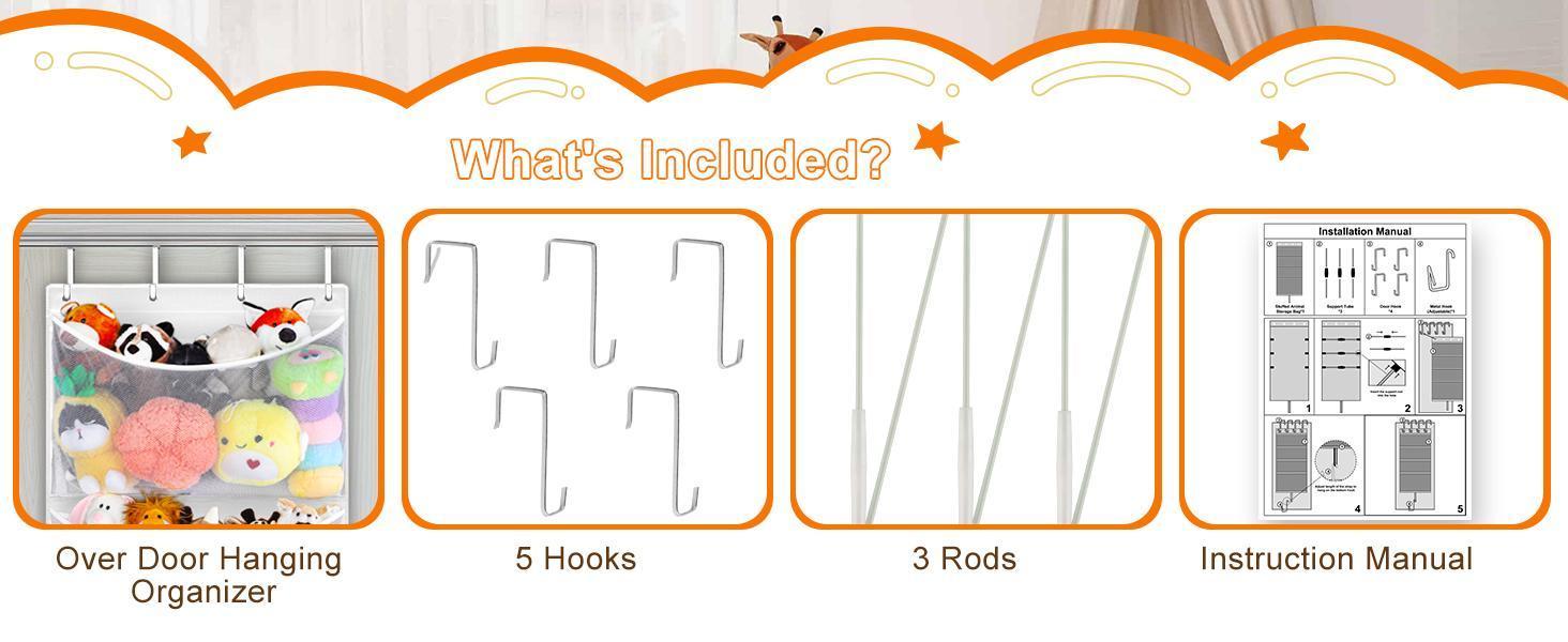 SUNDAY MIRTH Hanging Stuffed Animal Storage, Over Door Large Plush Toy Organizer with Metal Hook, Baby Accessory Holder Idea for Nursery, Doll & Bear Mesh Hammock Bag for Girl Boy Kid Room