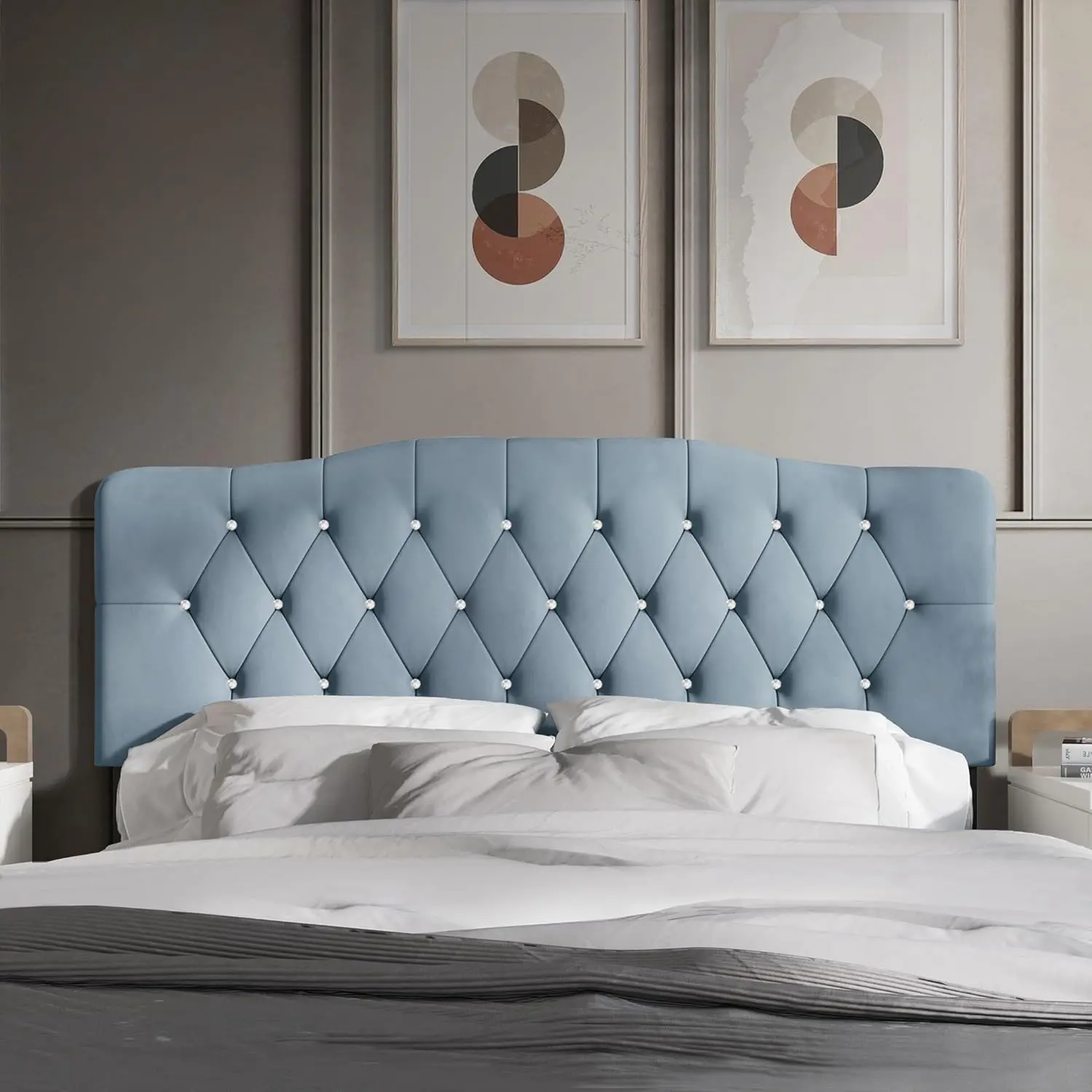 Twin Crystal Diamond Button Tufted Velvet Upholstered Adjustable Headboard, Light Blue