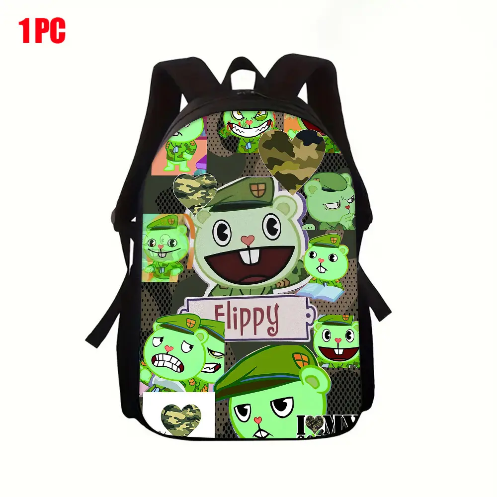 Happy Tree Friends Flippy Collage Backpack, Camo Heart Green Military Squirrel Cartoon Print Daypack, 600D Oxford Lightweight School Bag Padded Straps Fits 15-inch Laptop, Side Mesh Pockets Washable Backpack for HTF Cartoon Fans Teens