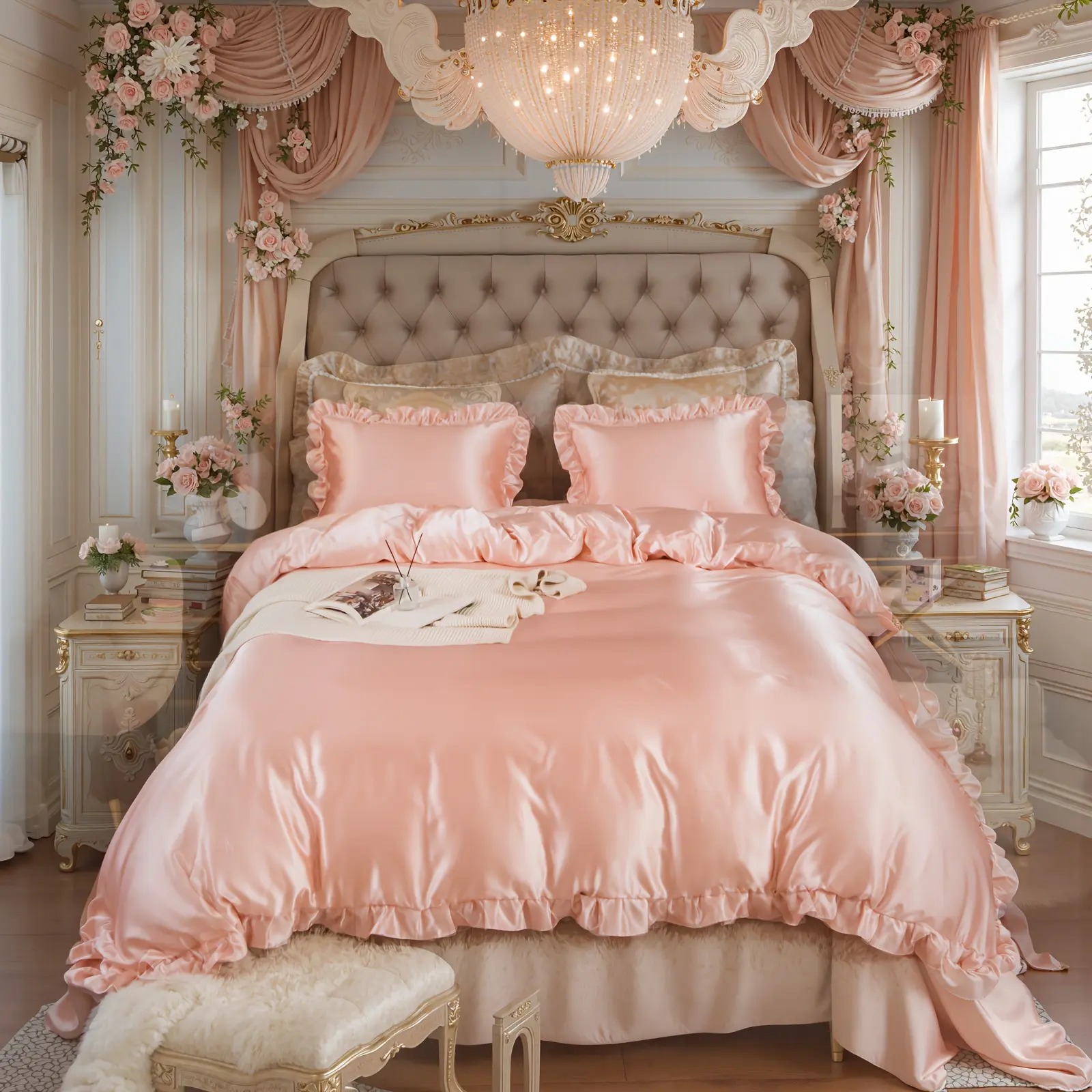 Ruffled Satin Microfiber Duvet Cover Set, Solid Color All-Season Luxury Hotel Bedding with Pillowcases, Machine Washable