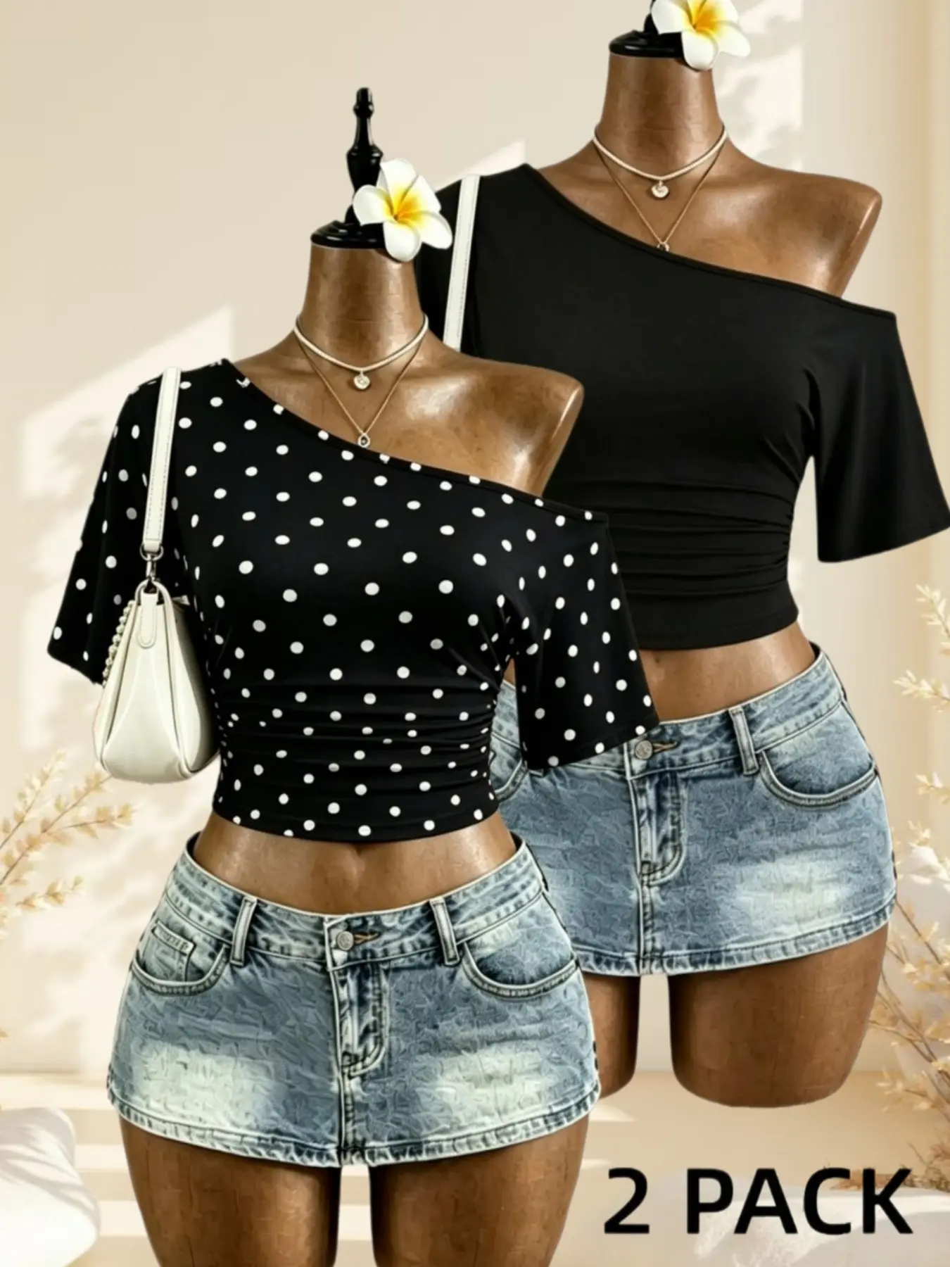 American Retro Summer Asymmetrical Shoulder Pleated Short Sleeve Top, Polka Dot Solid Waist Slimming Hot Girl Style, Two-Piece Set