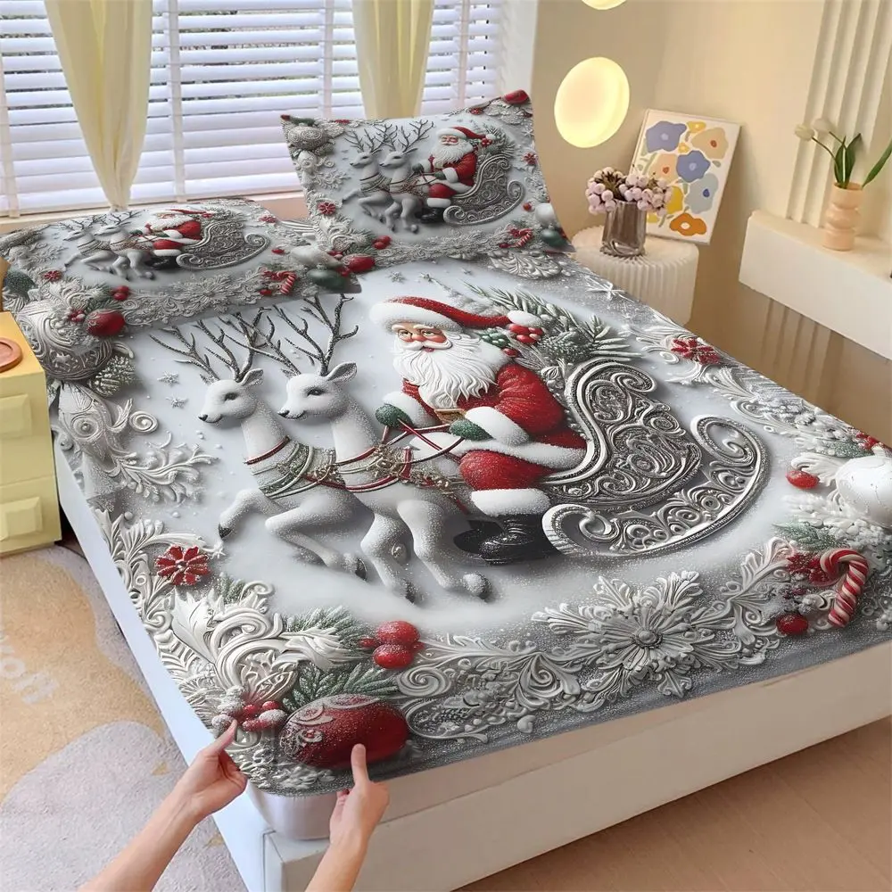 3Pcs Christmas Bedding Set, Santa Claus & Reindeer Print Fitted Sheet Set, Festive Holiday Bed Sheets Set, Soft Cozy Xmas Home Decor for Bedroom, Luxury Winter Bedspread for Kids & Adults No Fillers