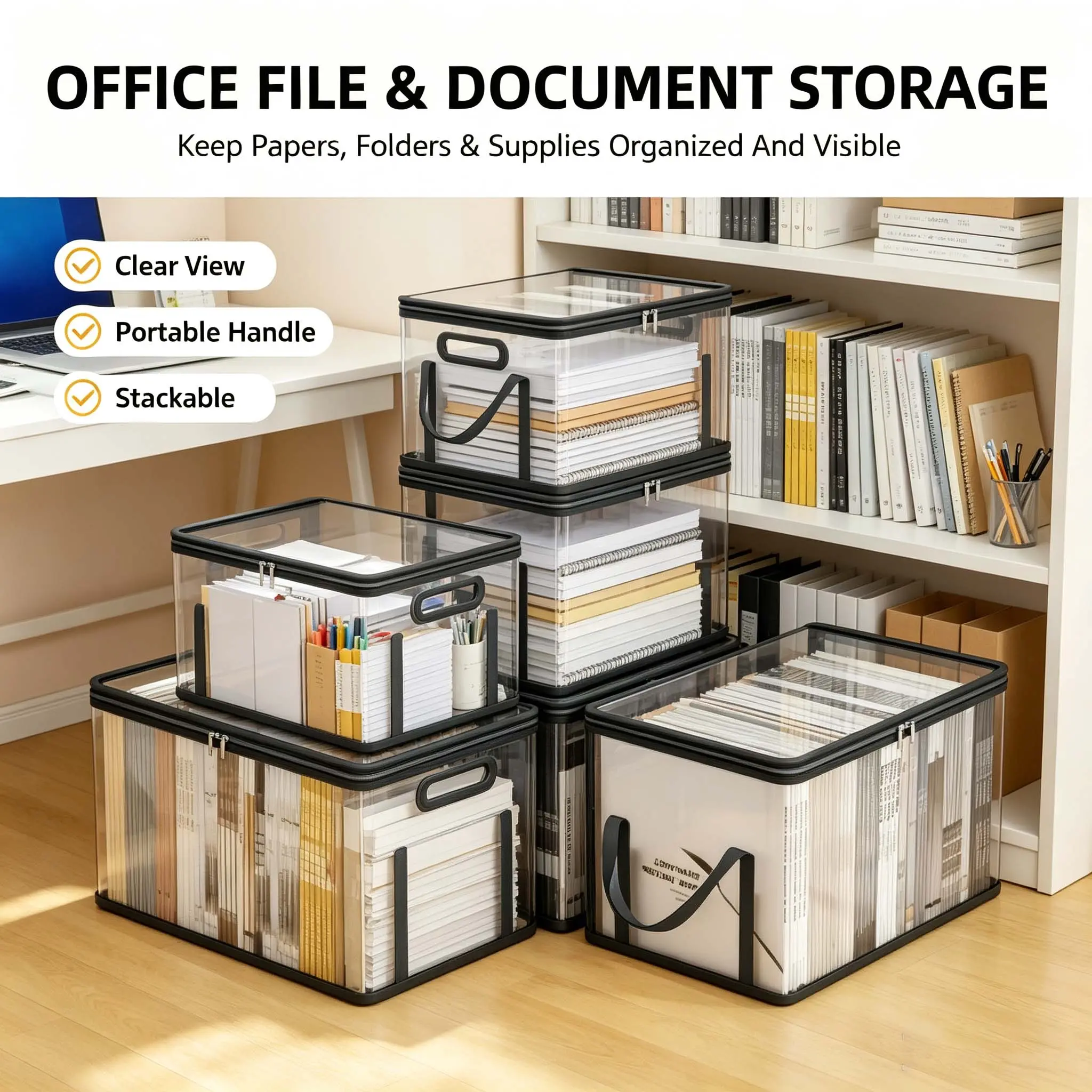 5-Pack Assorted Sizes Foldable Fabric Storage Boxes with Transparent Window, Zipper, Handles, Anti-Slip Stackable Design, Home Organizer Bins for Book, Clothes/Office Sundries