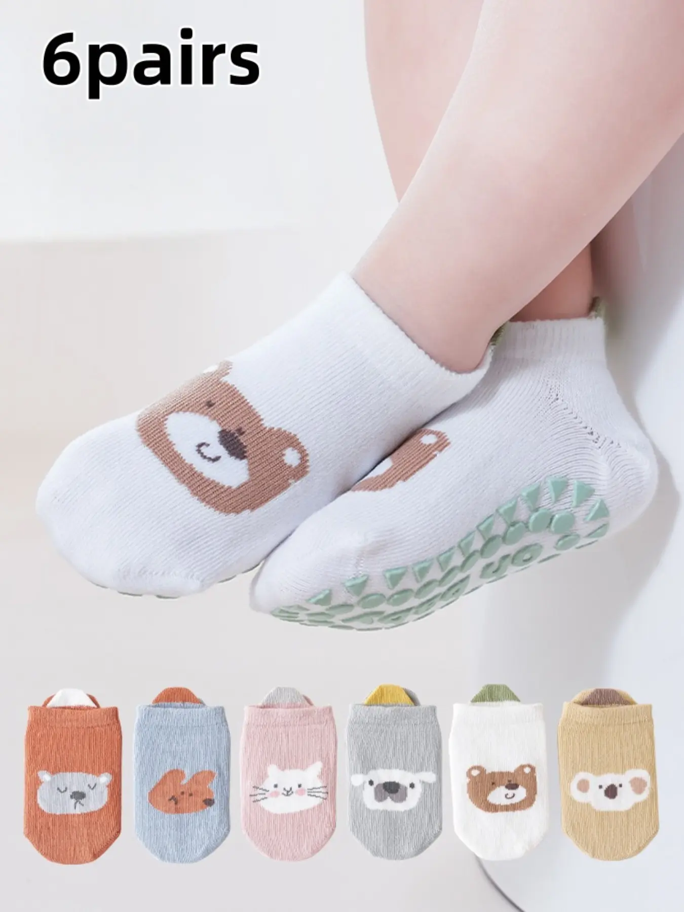 6 Pairs Baby Cartoon Animal Non-Slip Floor Socks, Cute Socks, Newborn Trampoline Socks, Toddler Grip Socks, Toddler Socks with Grips, Large Heel Adhesive Boat Socks for Kids 0-3 Years