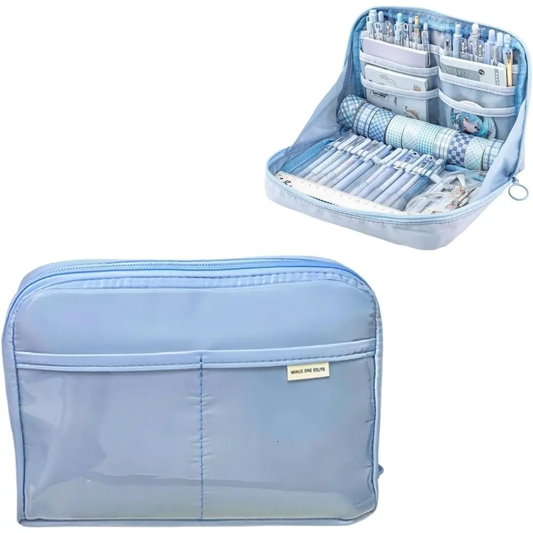 Cute Pencil Pouch Aesthetic Standing Pencil Case Large Pencil Box (Blue) | , Stand Up Pencil Case,  Pencil Pouch,  Supplies Pen Pouch, Korean Pastel Pen Case, Blue Pencil Case