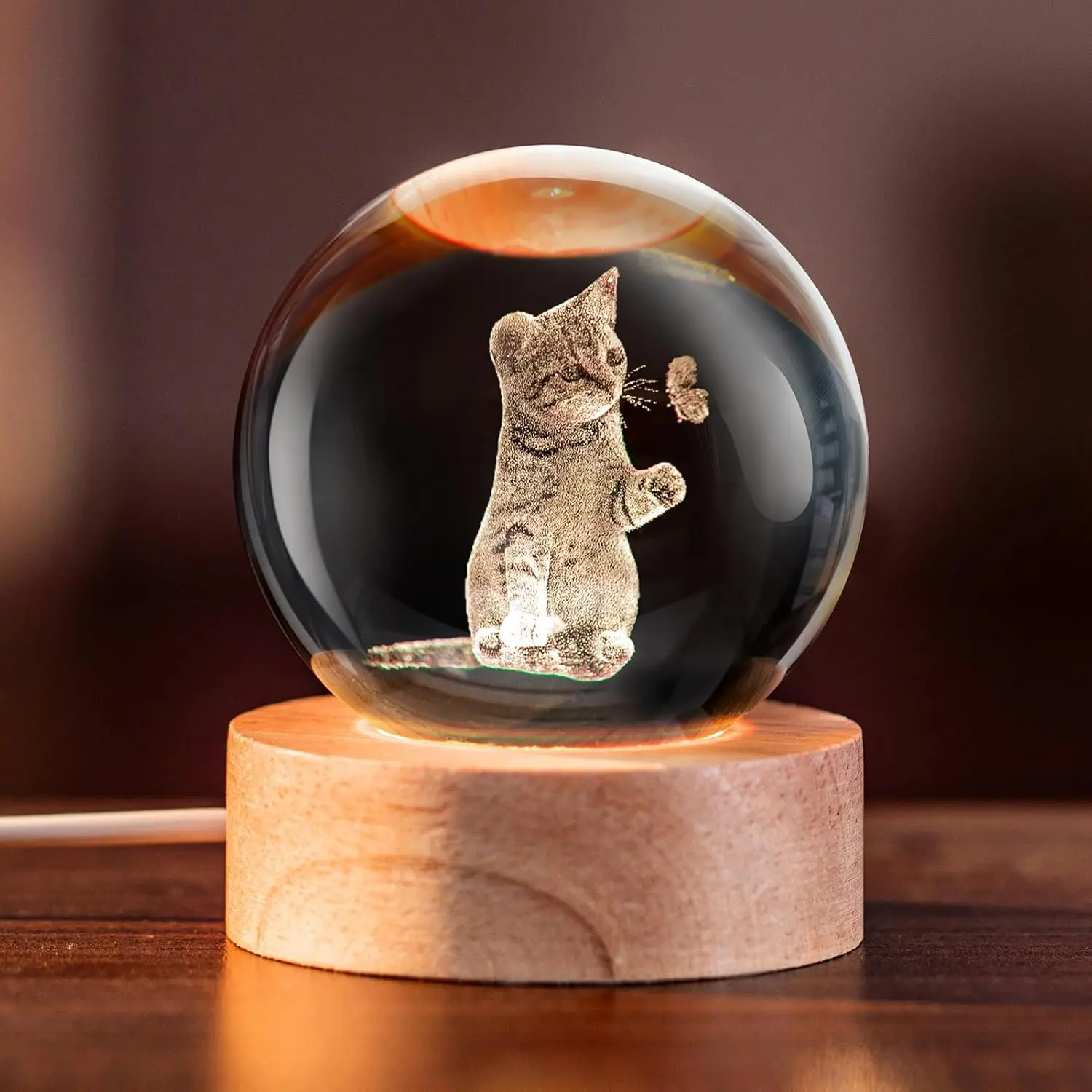 60mm Round Laser Engraved 3D Cat Crystal Ball Decor Lamp, Room Decor Festive Ornament, Birthday Gift Ideas for Women on Special Occasions