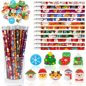72 count Christmas Party Favors Set, 36 count Christmas Pencils with 36 count Snowman Snowflake Santa Erasers, Pencils for School Classroom Winter Holiday Party  Supplies