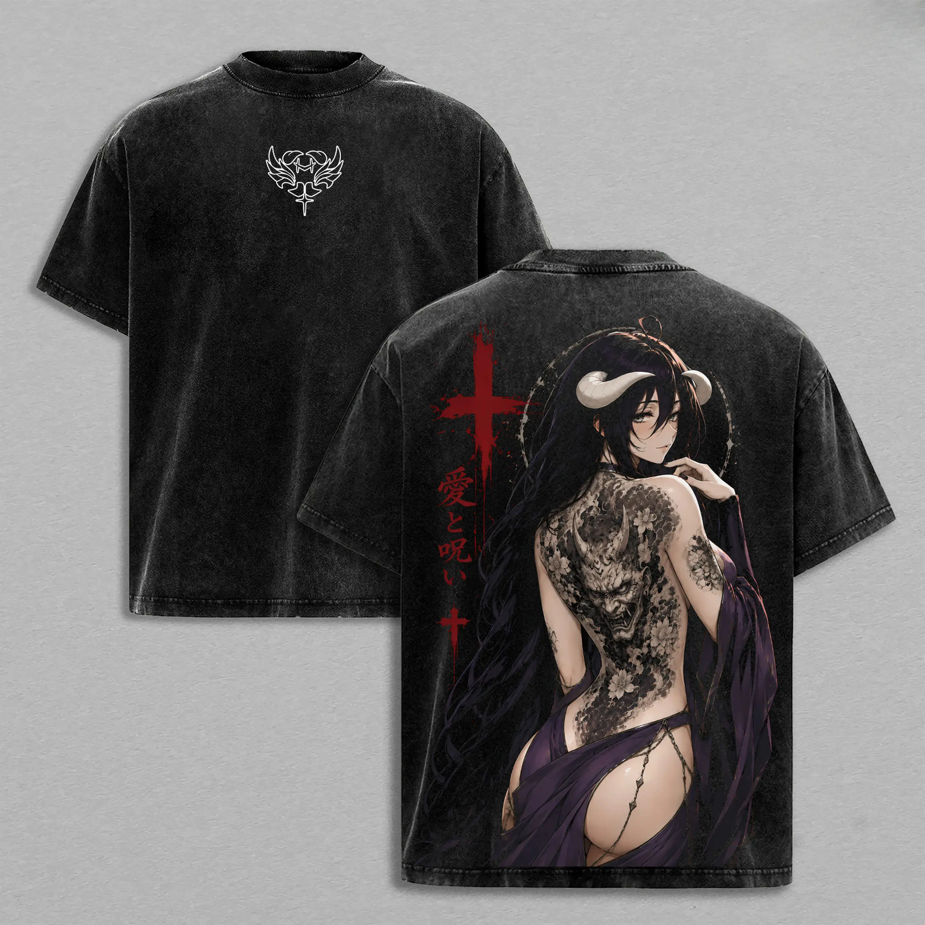 Albedo Overlord Vintage Washed Tee, Albedo Overlord Japanese Irezumi Gothic Blackwork Tattoo Art, Dark Fantasy Succubus Queen Anime Double Printed Washed Tee, Unisex Oversized Manga Heavyweight Cotton T-Shirt everyday tshirt streetwear cherry red fits