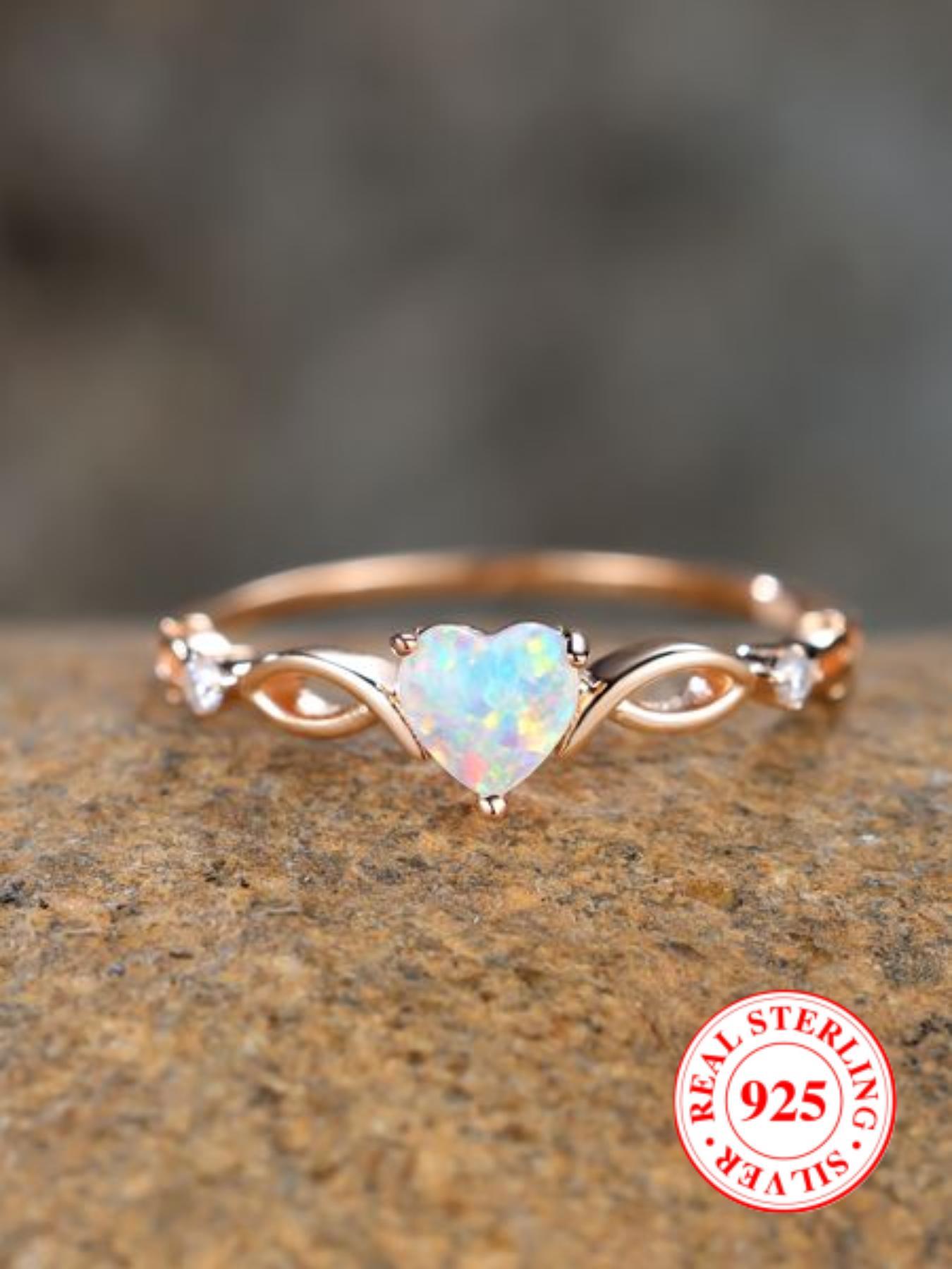 S925 Sterling Silver Fashion Colorful Heart Shaped Decor Ring, Promise Engagement Rings, Elegant Artificial Opal Decorated Ring for Women & Girls, Perfect Holiday Anniversary Birthday Gift, Valentine's Day Gift