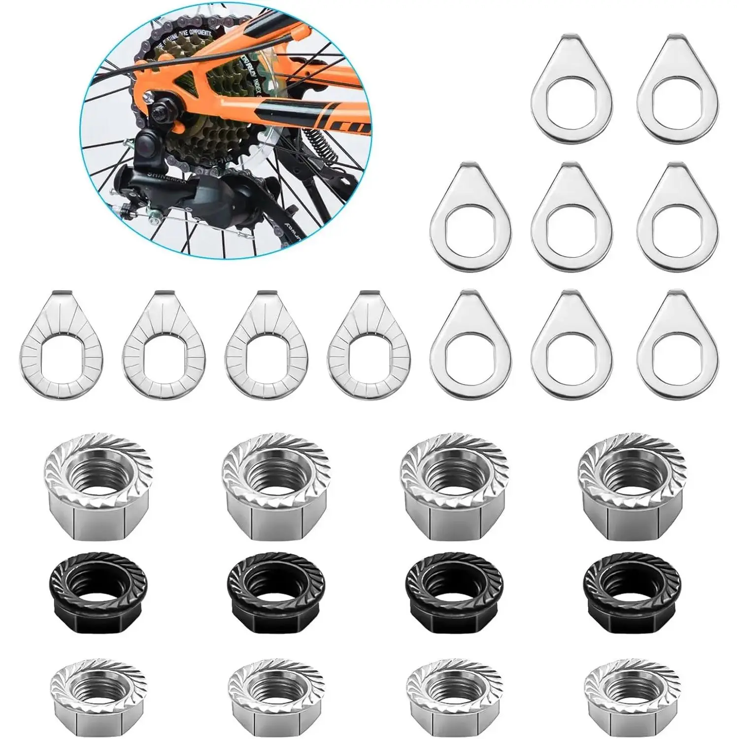 24 count  Nuts and Safety Washers, M8 M9.5 M10 Bicycle Axle Nuts Kit, 3 Sizes  Wheel Nuts Washers Black ,  Hub Nuts for Front Rear Wheel of City Road Mountain  (Upgraded) Yifanyou Sports