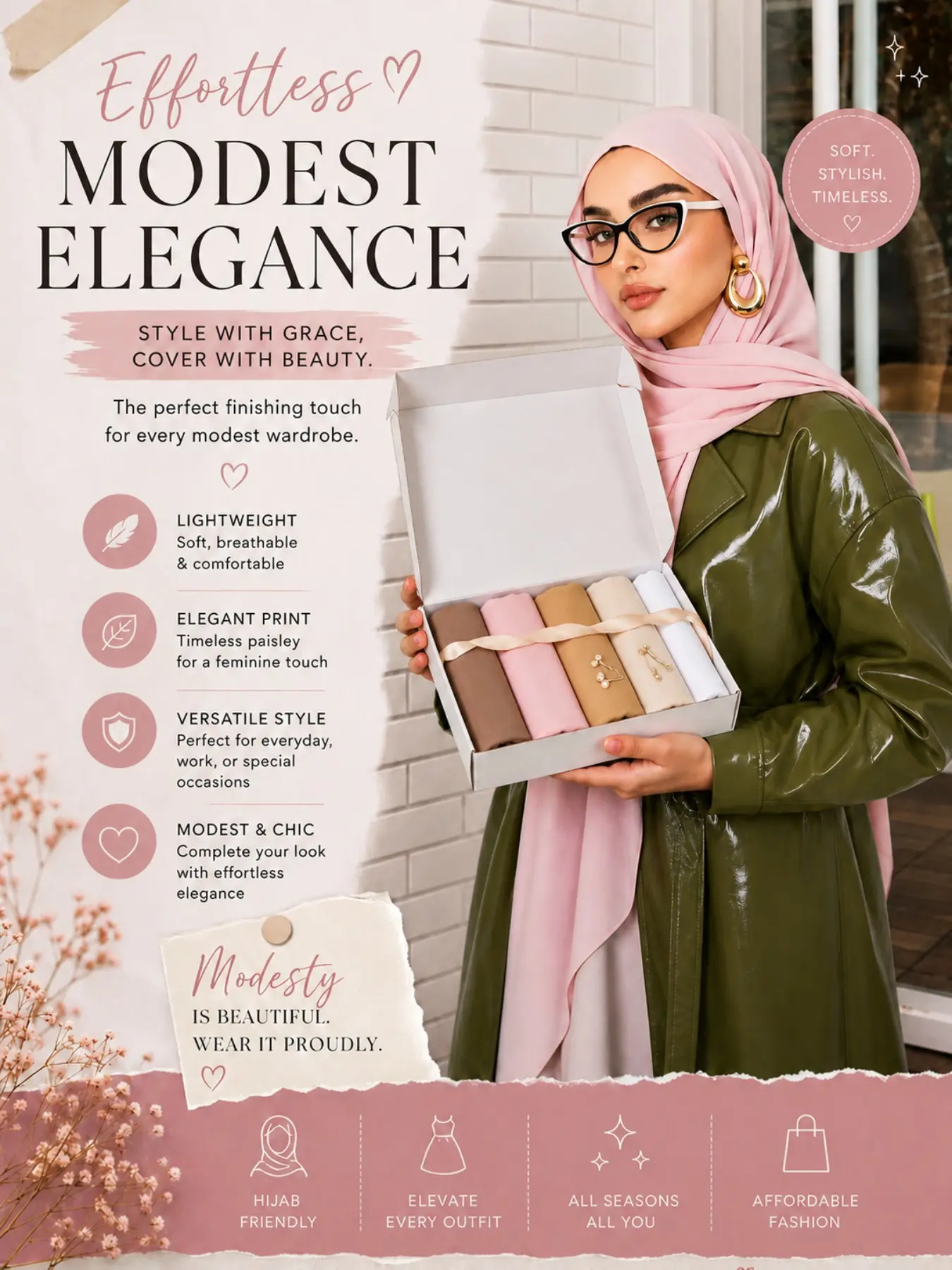 1 Box 5 Plain Chiffon Scarves + 2 Hair Clips Set, Lightweight Daily Wear Headscarf, Elegant Unlined Scarp for All Seasons