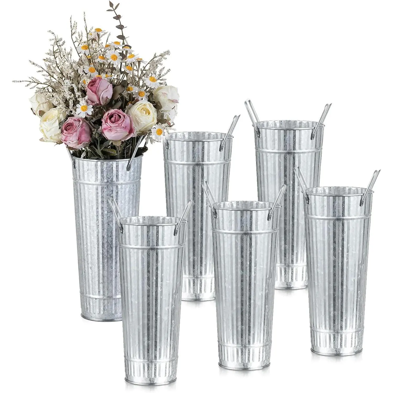 NUPTIO Galvanized Flower Bucket for Wedding: 8.7" Tall Tin Planter for Flower Bar - Rustic Metal Vases for Table Centerpiece Home Garden Decor Set of 6