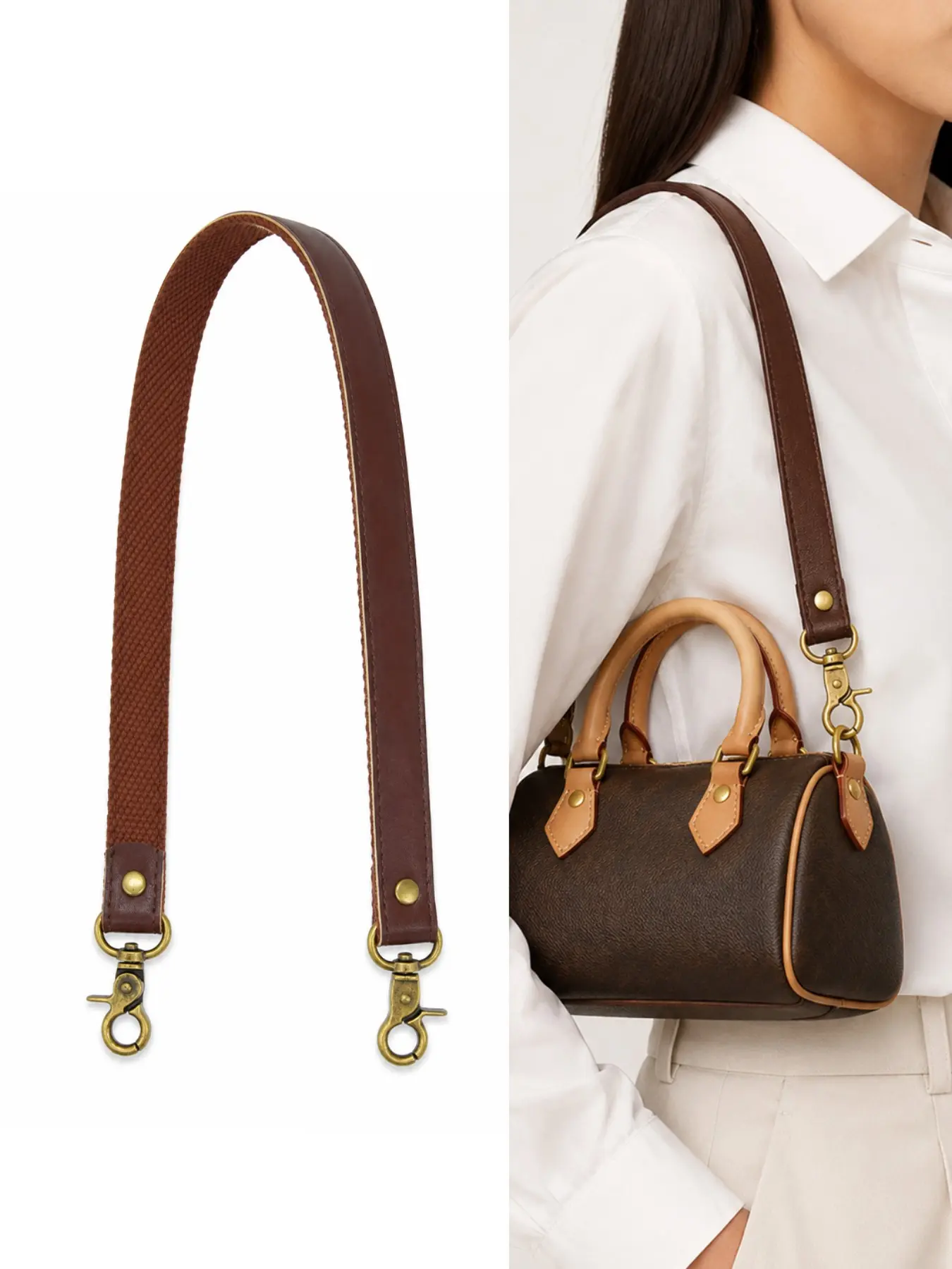 Leather Bag Strap, Detachable Replacement Shoulder Strap for Mini Tote Bag, Short Purse Handle with Metal Clasps, Camera Carrying Strap, Handbag Replacement Accessory