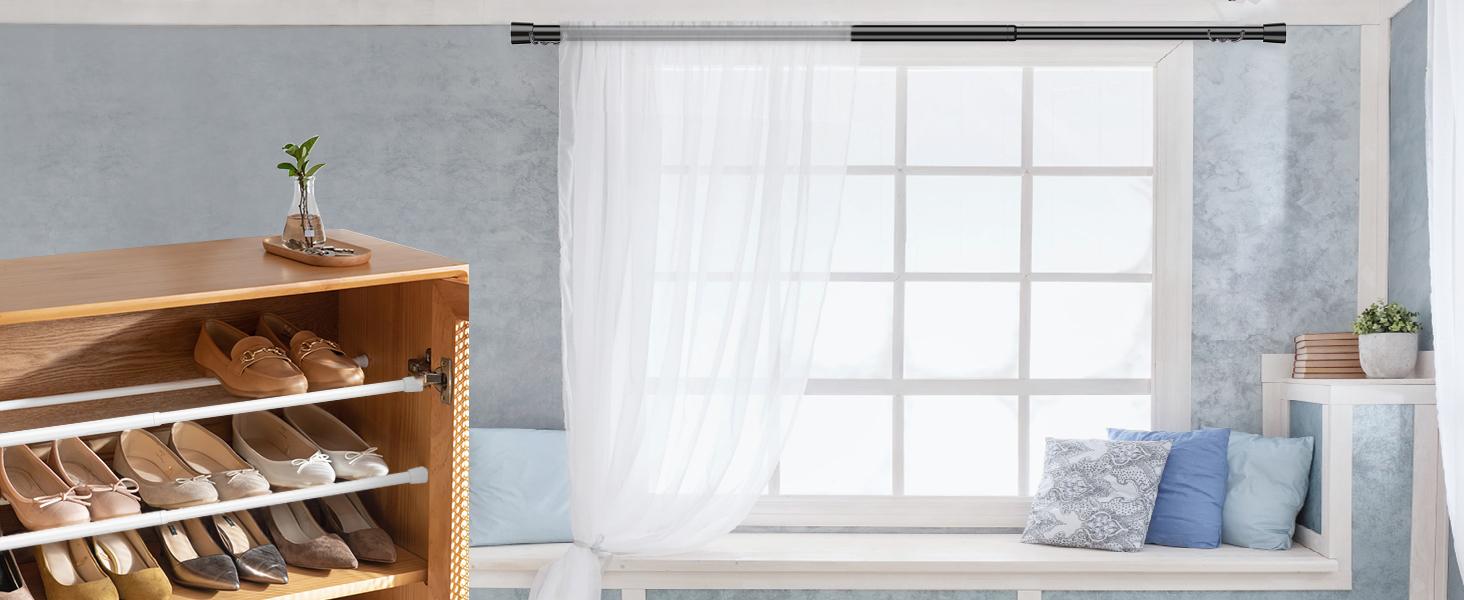 2 Pack Tension Rods Spring Tension Curtain Rod, 26 to 39 Inch Adjustable Black Tension Rod, Small Curtain Rods Spring Loaded Curtains Tension Rods for Window, Bathroom, Cupboard, Kitchen, Home