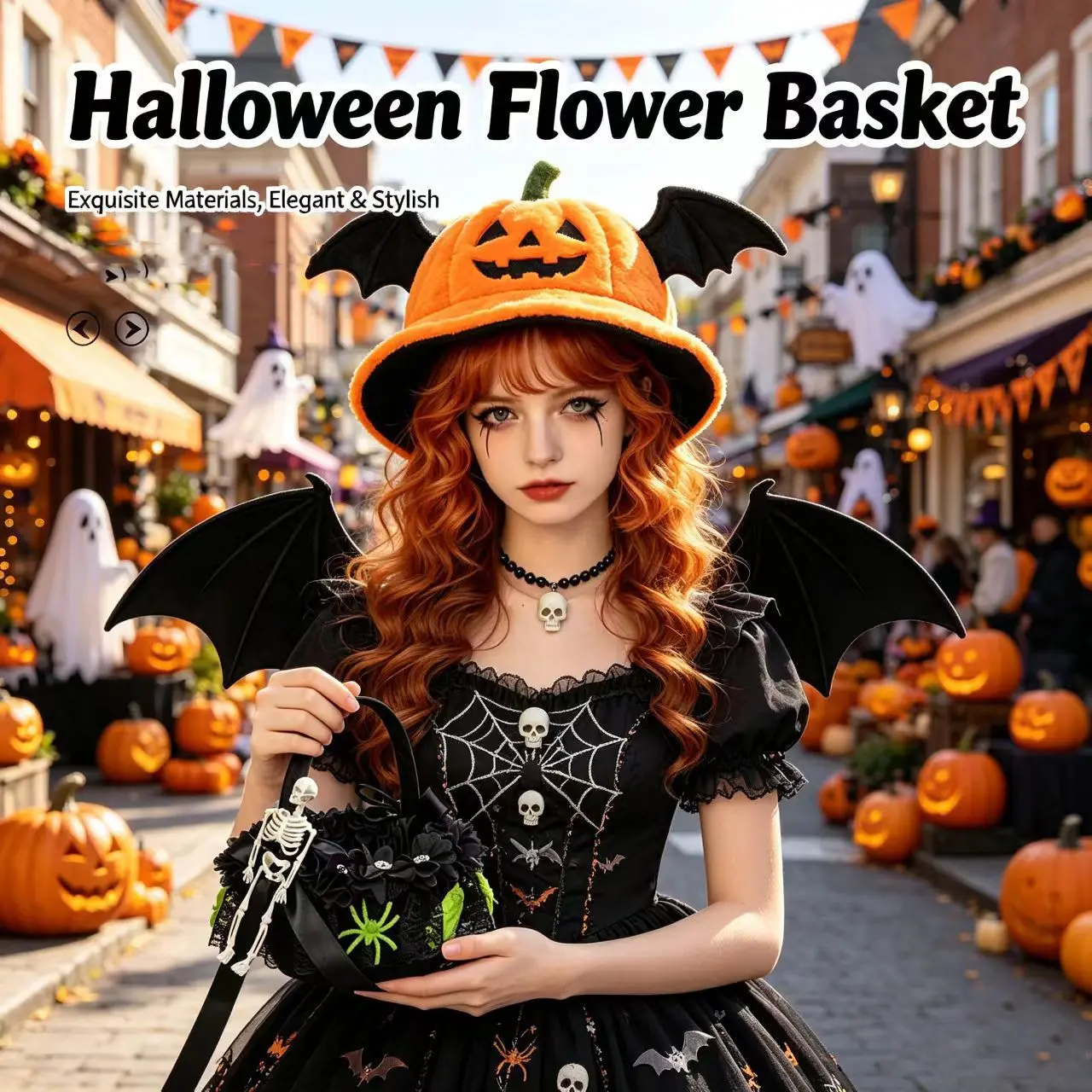 Halloween Spider Skull Candy Basket, Gothic Style, 3D Skull Ghost Design, Bowknot & Lace Ribbon, Home Decor, Party Gift