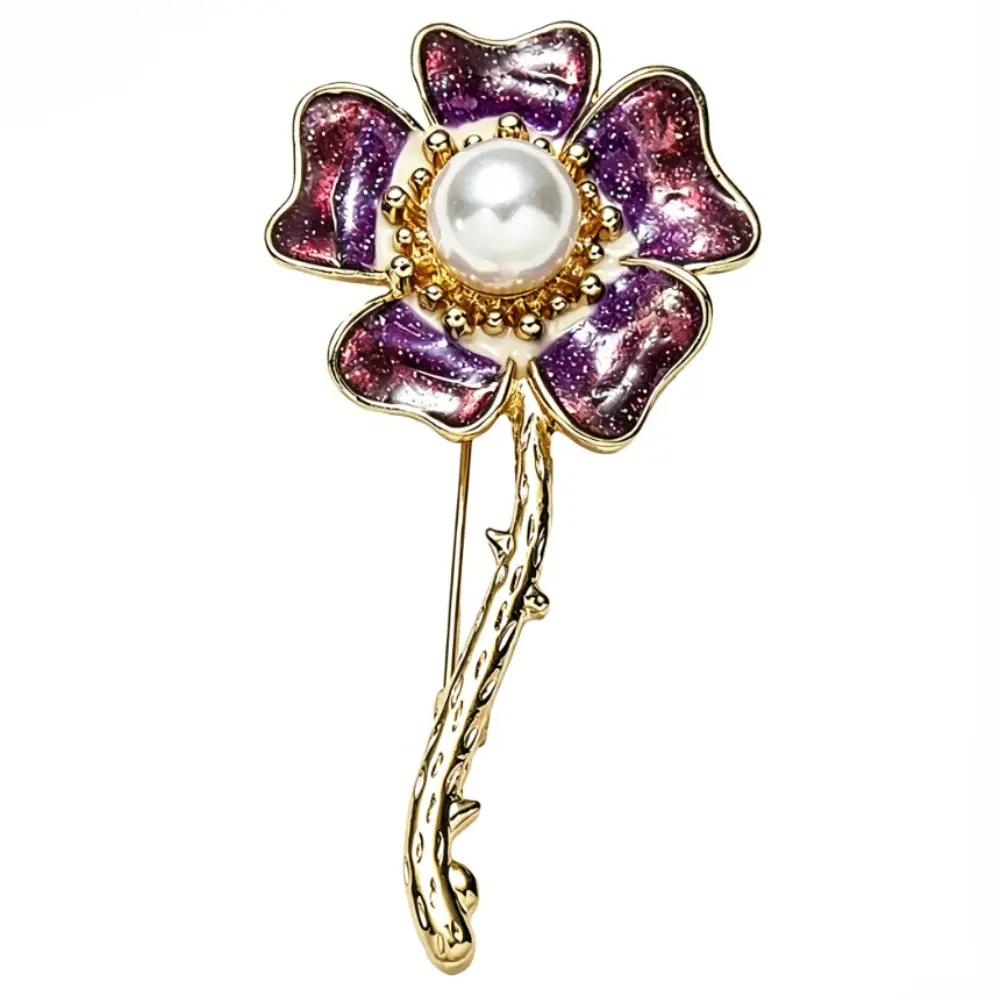 Starry Glitter Purple Enamel Flower Brooch Gold Thorn Stem Large White Pearl Floral Lapel Pin Suit Coat Dreamy Jewelry Gift