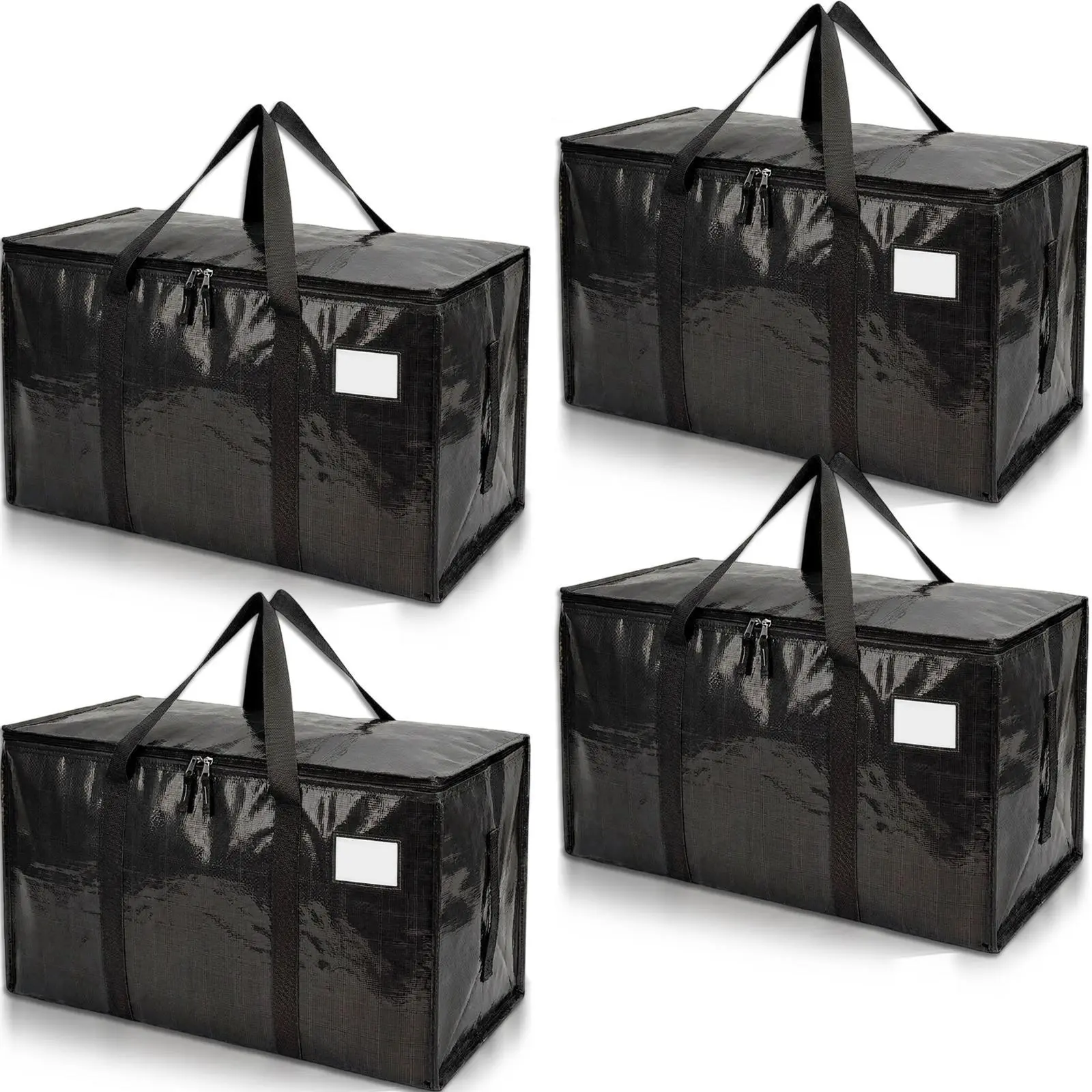 4 Pack-Extra Large Heavy Duty Moving Bags - Waterproof Storage Totes with Handles & Zippers, Foldable for College Dorm, Storage (Black)