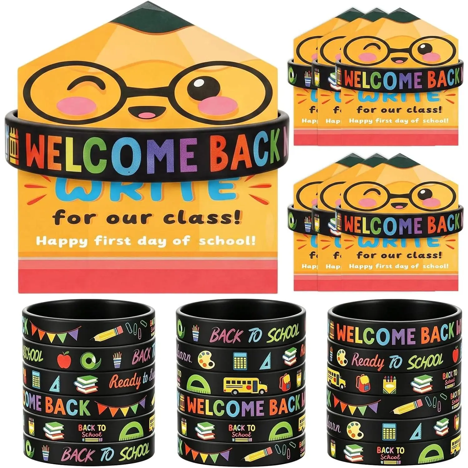 30 Pack Back to School Gifts for Students First Day of School Rubber Wristbands with Pencil Cards, Classroom Silicone Bracelets Reward Gifts for Kids, Party Goodie Bag Fillers (Black)