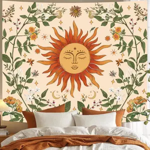 Boho Sun Wall Tapestry for Bedroom, Bohemian Sun Flowers Hippie Tapestries Aesthetic, Vintage Orange Hippie Wall Hanging for Living Room Dorm Office Home Decor 51in X 60in
