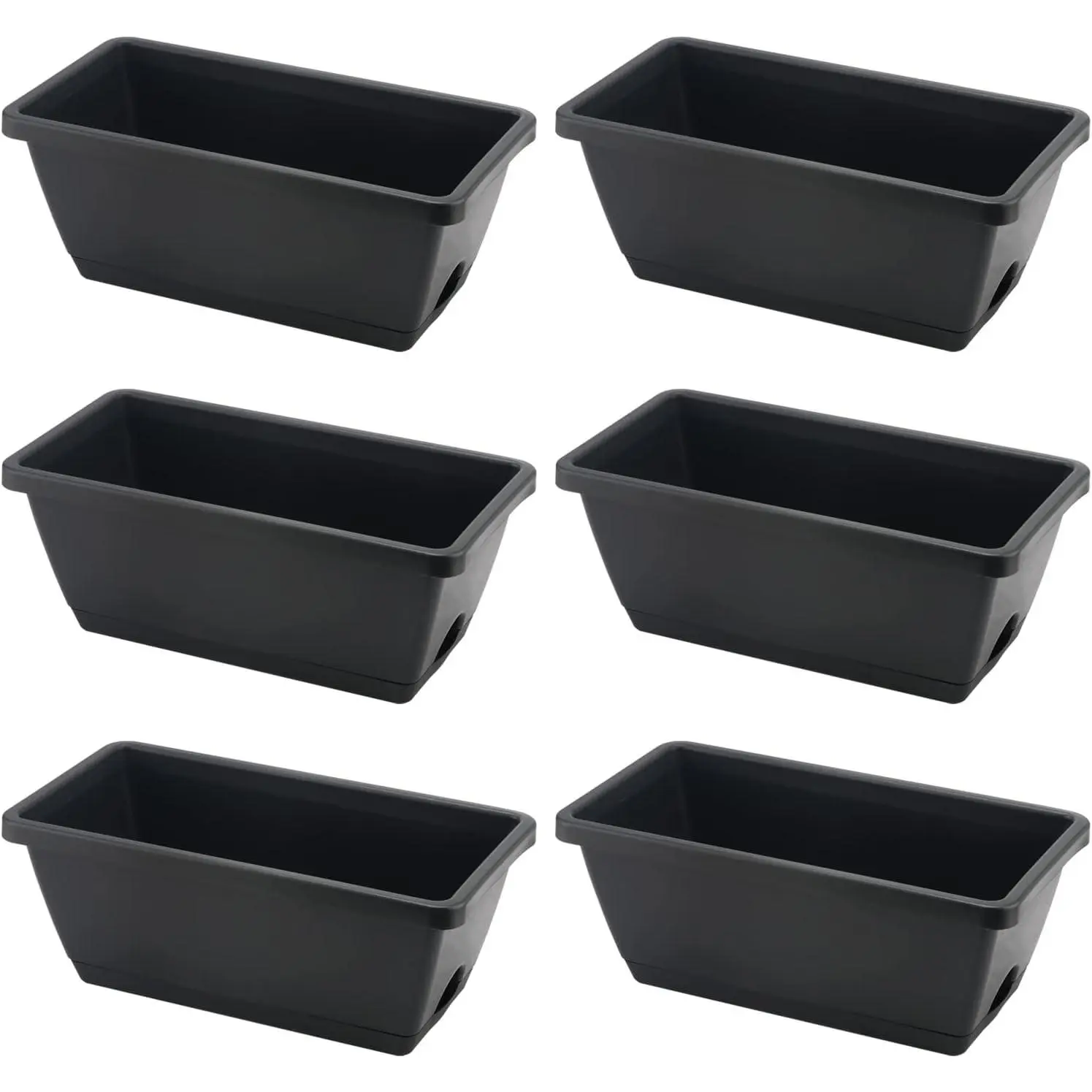 6 Pack 14 Inch Black Plastic Rectangular Window Planter Box, Window Vegetable Planter Box with Trays, Rectangular Flower Pots for Windowsill, Garden, Balcony, Patio, Black