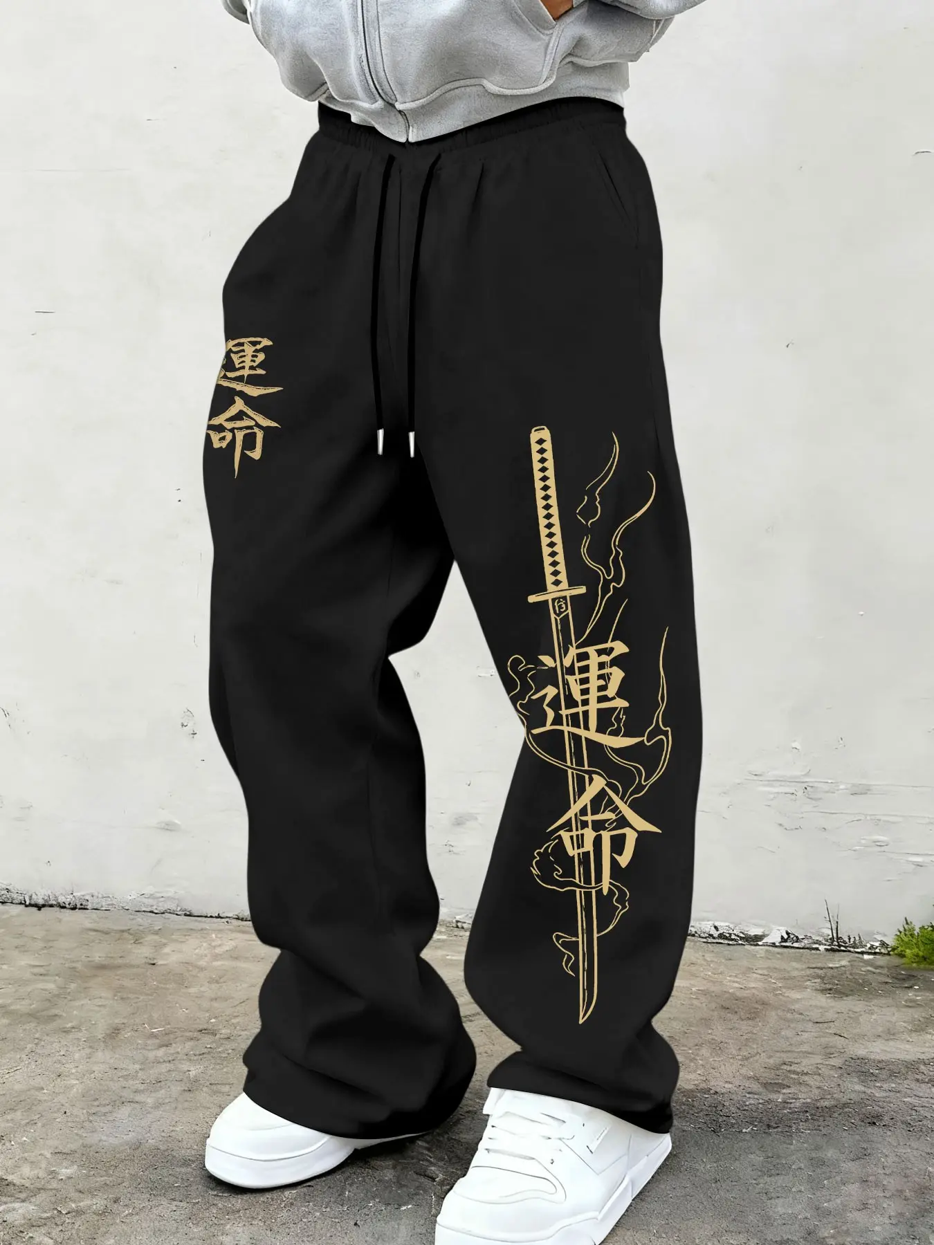 Men's Loose-Fit Wide-Leg Pants, Casual Trousers, Japanese Street Style Samurai Knife Print, Casual Spring & Fall Workout Leisure Trendy Long Pants, Casual Loungewear Pants