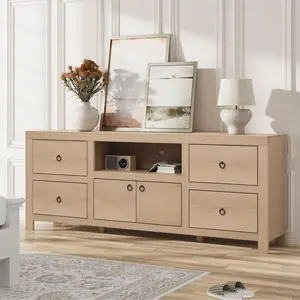Premium Farmhouse TV Stand, 70 Inch White Wood Entertainment Center with 6 Drawers & Soundbar Shelf, Rustic Console Fits 75/80 Inch TVs for Living Room & Bedroom