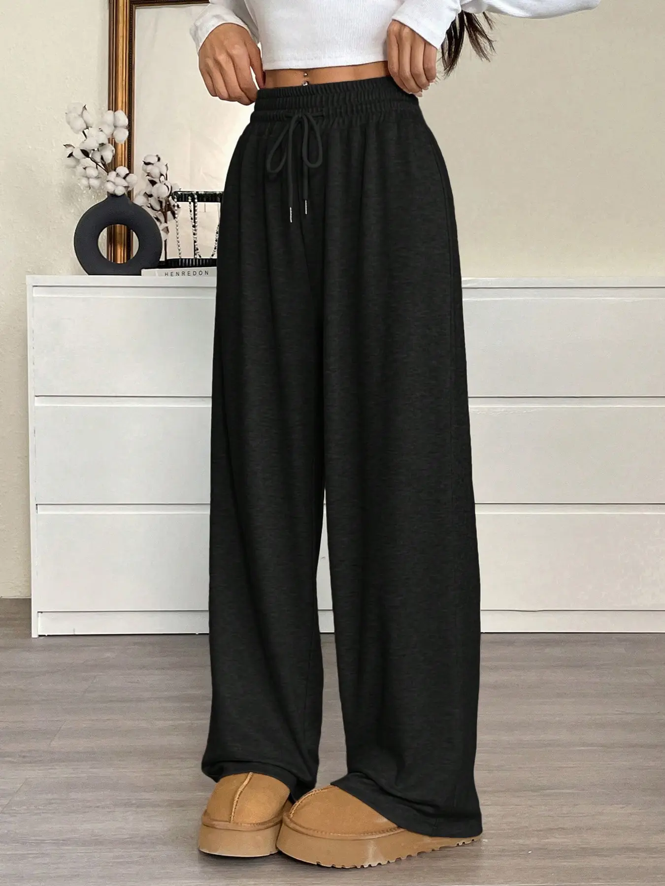 Women's Casual Basic Adjustable Drawstring Waist Loose-Fit Long Pants, Casual Comfy Trousers, Thin, Lightweight, Breathable Fabric, All Seasons Wear, Everyday, Comfortable & Stylish Design