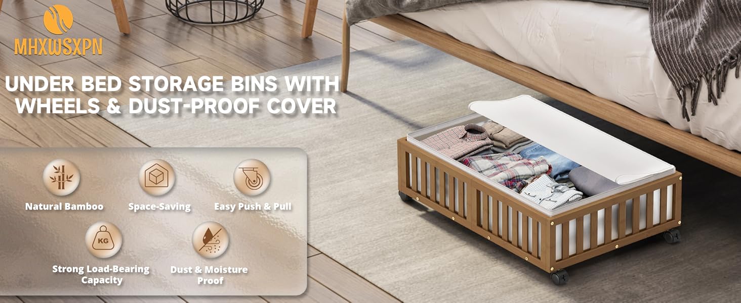 Bed Containers with Wheels, 2 Pack Bamboo the Bed Shoe Bins, Wood Rolling Underbed Drawers Organizer for Bedroom, Closet Clothes Blanket Comforter Crib Toy Walunt Bed Containers with Wheels, 2 Pack Bamboo the Bed Shoe Bins, Wood Rolling Underbed Drawers Organizer for Bedroom, Closet Clothes Blanket Comforter Crib Toy Walunt