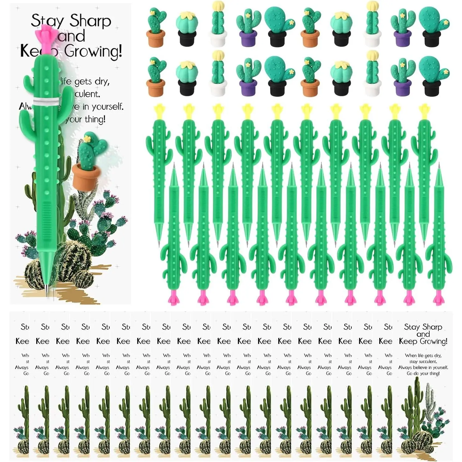 20-Set Bundle Cactus Mechanical Pencils, Erasers & Positive Cards Writing Tools - Plastic Body, Bookmark Print, Motivational Art Teacher Appreciation Bulk Gifts for Coworkers