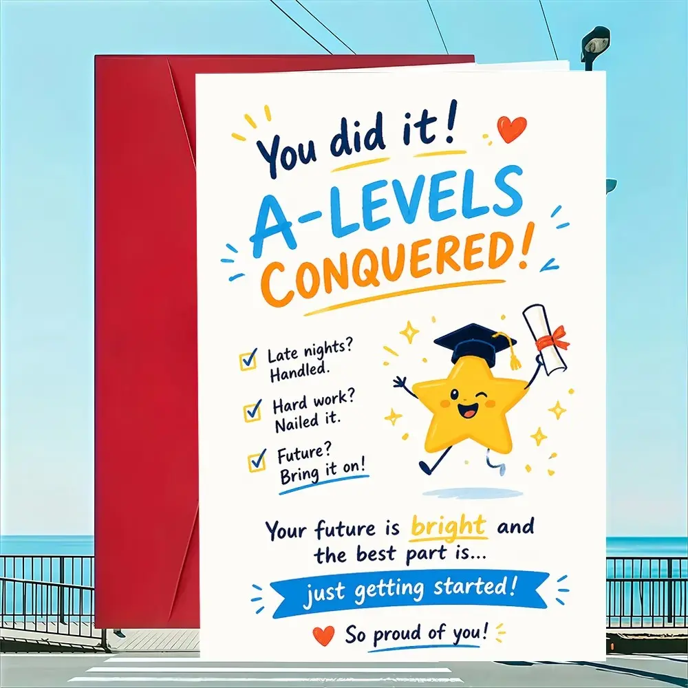 A-Level Results Congratulations Greeting Card, Includes Envelope, Perfect for Student Graduation, Proud Family Gift, Printed Design