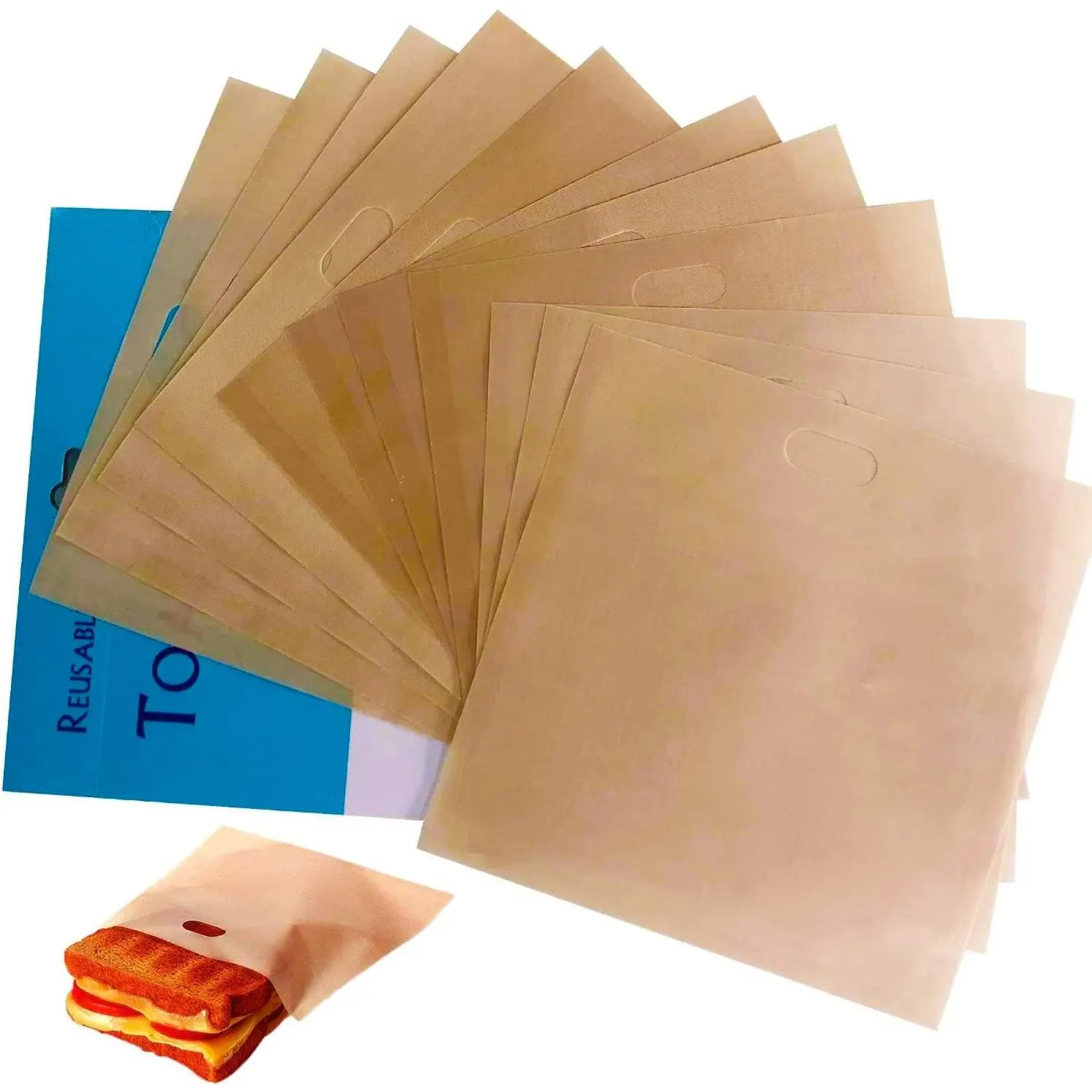 Toaster Bags 12 Pack Non-Stick PTFE Sandwich Bags FDA  | TFE fiberglass, 250℃ heat resistant, bread & sandwich use, multi-appliance, dishwasher safe, anti-scald handle