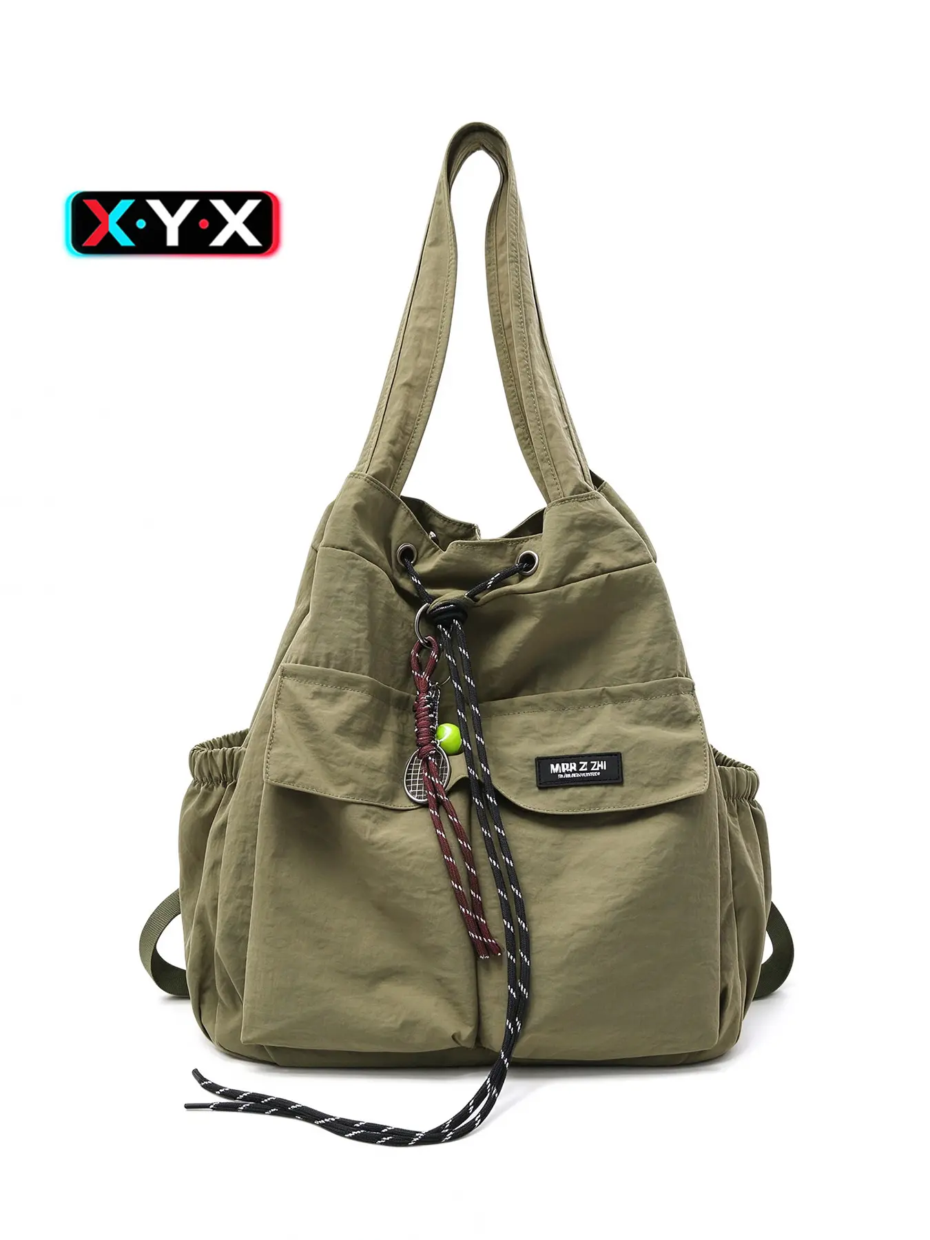 1pc Multi-purpose Drawstring Tote Backpack with Detachable Back Straps, Multiple Front and Side Pockets, Decorative Rope and Pendant Details, Roomy Casual Convertible Shoulder Bag for School, Travel and Daily Errands, Multi Function Backpack