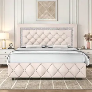 Romantic Luxury Upholstered Bed Frame with Diamond Headboard & Footboard Twin Full Queen Sizes Pearl White Beige Black Grey Pink Purple Green Modern Trendy Sturdy Anti-noise