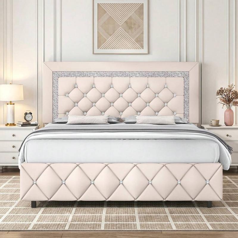 Romantic Luxury Upholstered Bed Frame with Diamond Headboard & Footboard Twin Full Queen Sizes Pearl White Beige Black Grey Pink Purple Green Modern Trendy Sturdy Anti-noise