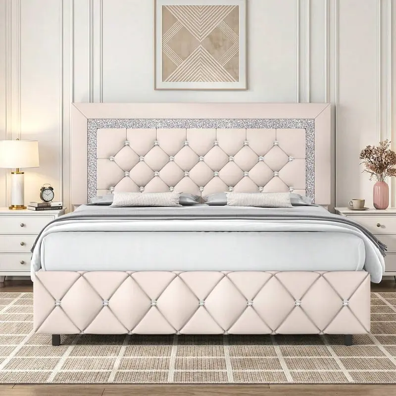 Romantic Luxury Upholstered Bed Frame with Diamond Headboard & Footboard Twin Full Queen Sizes Pearl White Beige Black Grey Pink Purple Green Modern Trendy Sturdy Anti-noise
