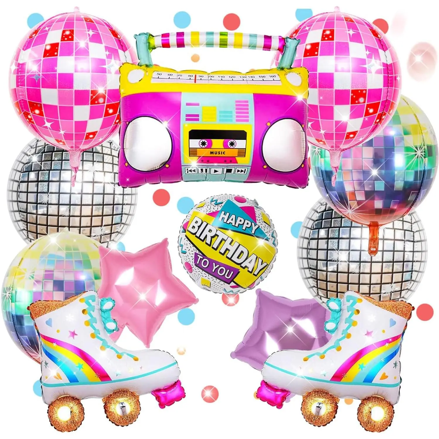 Disco Balloons 12 count, Roller Skate Boom Box Balloon 22" 4D Round   Balloon, Retro Theme  Hop Party Birthday Parties 70s 80s 90s Theme Disco Ball Party Decorations