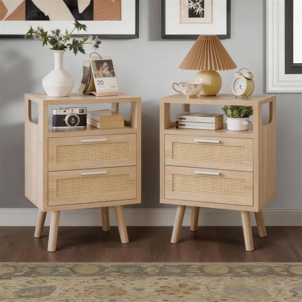 Littleox Set of 2 with 2 Drawers, 15.4" Modern Storage Bedside Table with  Handles, Wooden End Table for Bedroom,Natural Wood