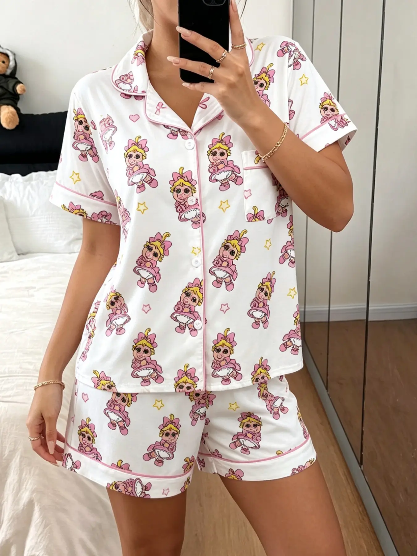 Women's Pajama Set, Cute Cartoon Pig Star Print, Fitted Casual Sleepwear, All Seasons, Comfortable Home, Loose Fit, Elastic Waist